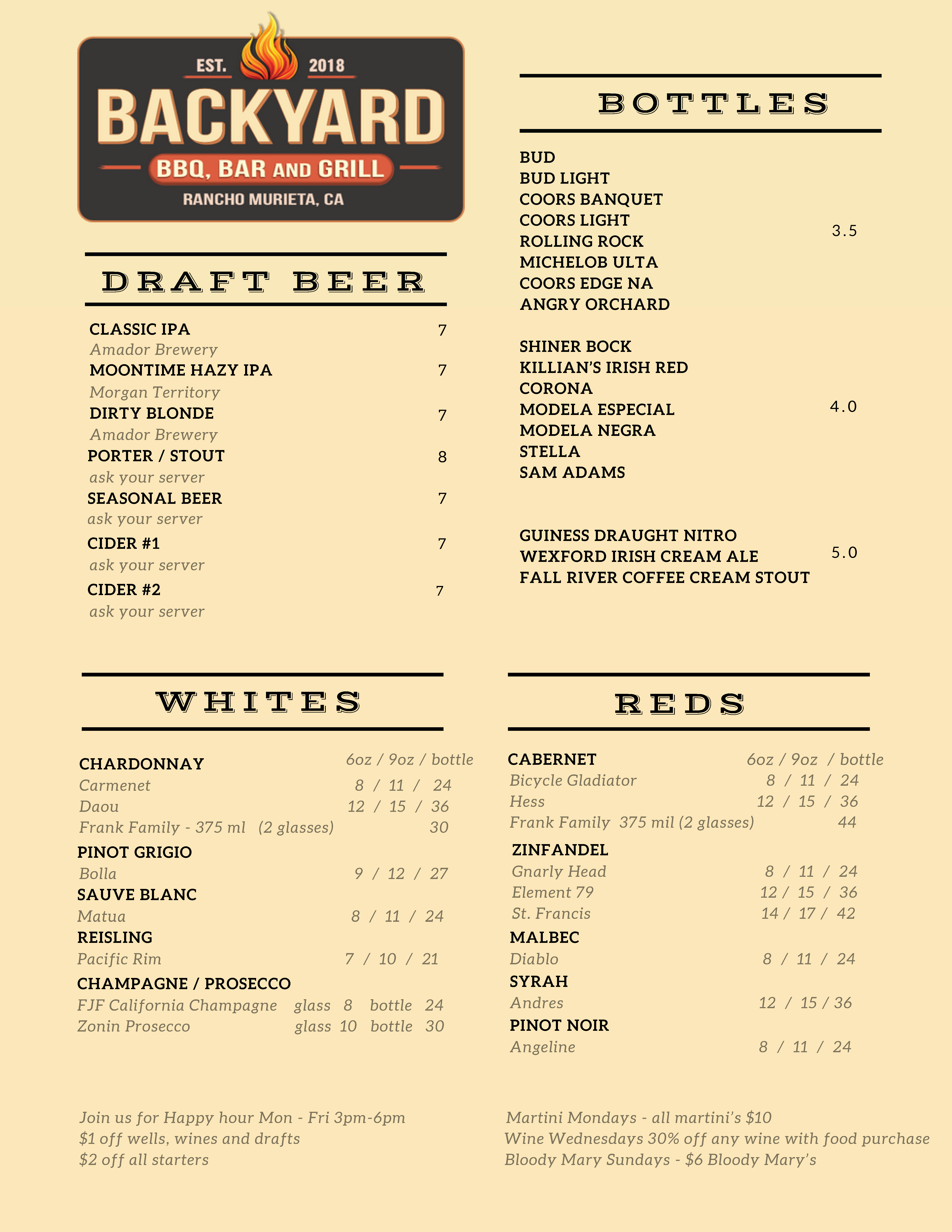 Backyard Beer and Wine Menu